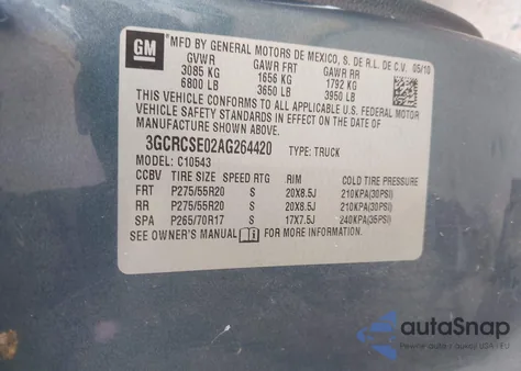 2010 Chevrolet Silverado 1500 Lt из США, поврежденный, VIN 3GCRCSE02AG264420